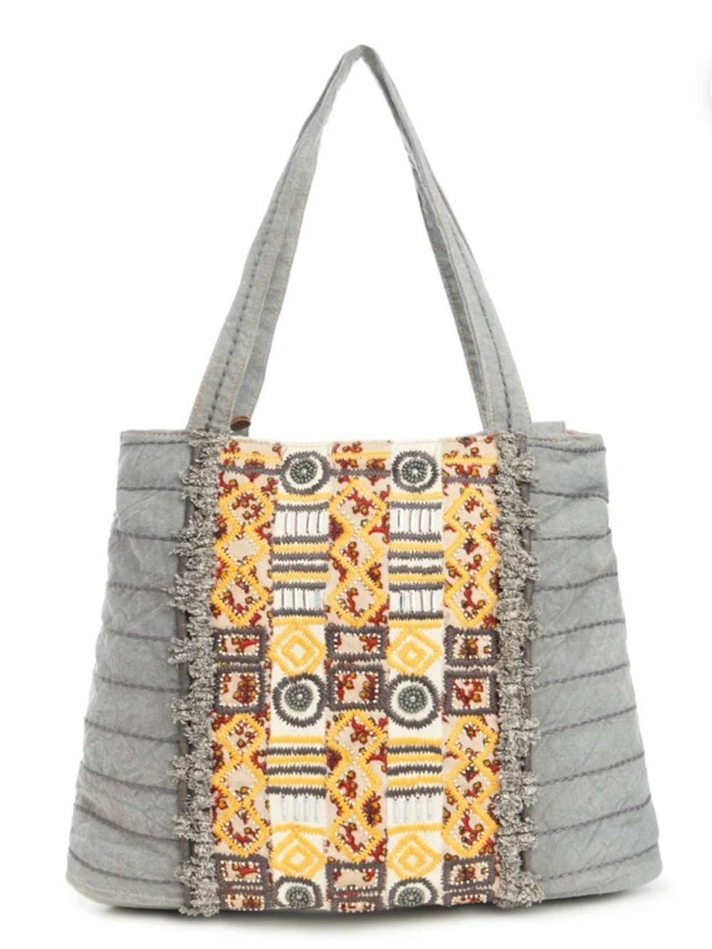 Myra Bag Gray Tote with Yellow Embroidered Panel